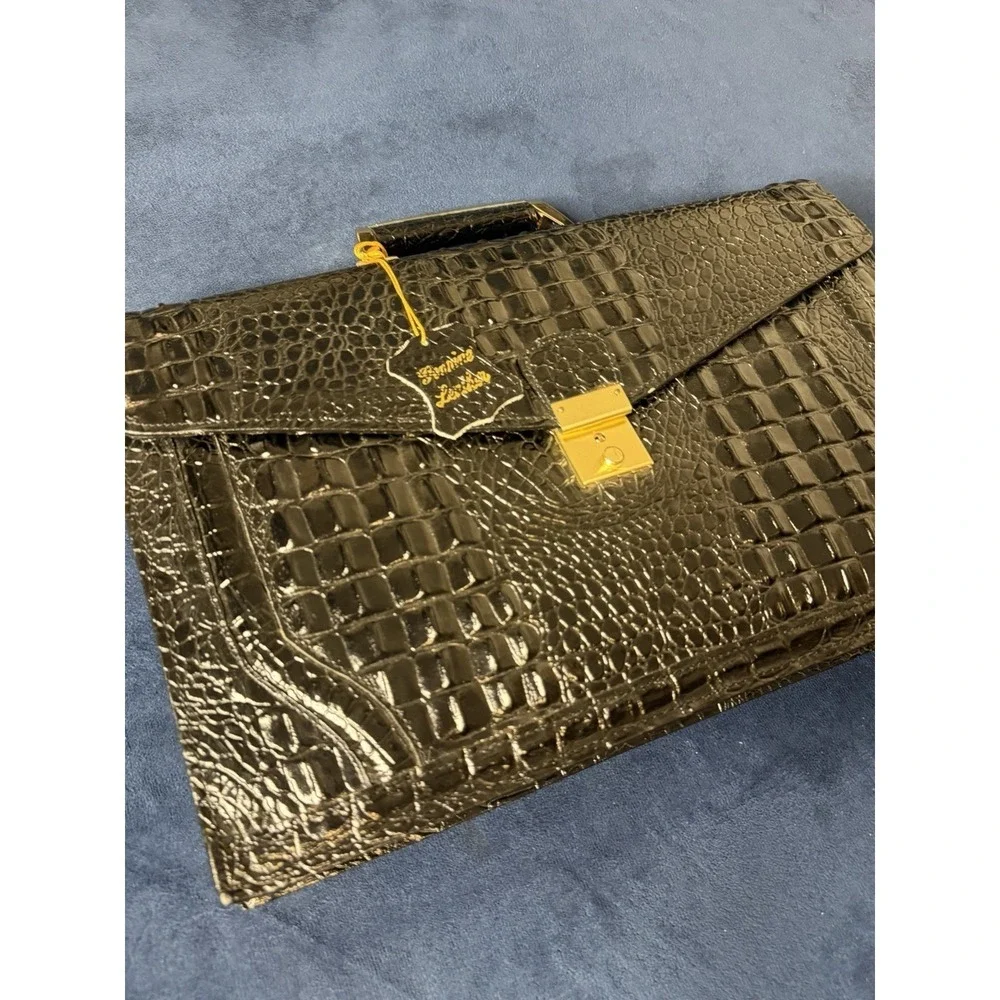 Vtg 1970s Swiss AMIET Leather Briefcase Alligator Embossed Black Genuine Leather